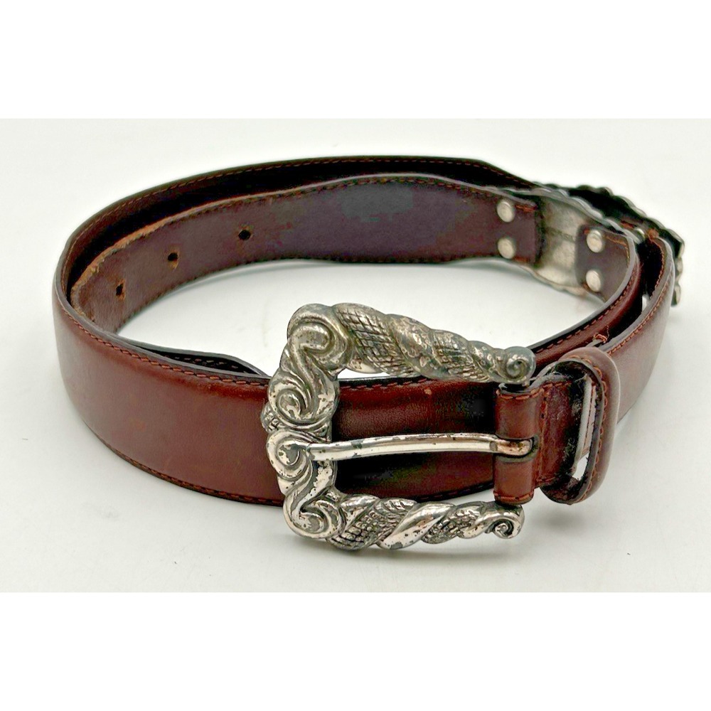 Vtg 90s FOSSIL Belt L Brown Leather Western Concho Cowgirl Boho Sz 31